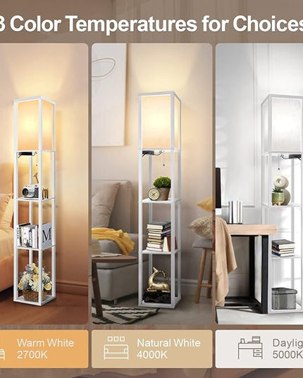 OUTON Floor Lamp with Shelves, LED Modern Shelf Floor Lamp with 2 USB Ports & Power Outlet, 3 Color Temperature, Storage Display Wood Column Standing Tall Lamp for Living Room, Bedroom, Office (White) - LeafyLoom