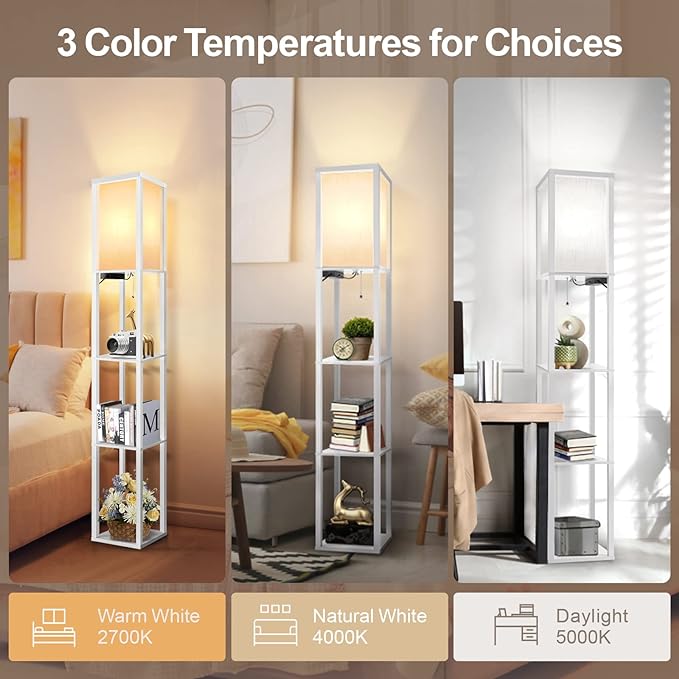 OUTON Floor Lamp with Shelves, LED Modern Shelf Floor Lamp with 2 USB Ports & Power Outlet, 3 Color Temperature, Storage Display Wood Column Standing Tall Lamp for Living Room, Bedroom, Office (White) - LeafyLoom