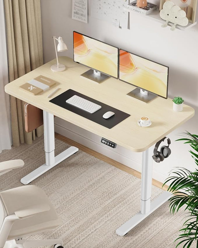 Electric Standing Desk Adjustable Height Stand Up Desk, 48" x 24" Sit Stand Desk, Low Noise Home Office Desk, Computer Desk with Whole-Piece Board, Child Lock & Memory Function, Maple - LeafyLoom
