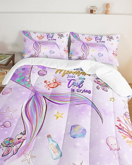 HOSIMA Kids Mermaid Comforter Set with 2 Pillowcases,Watercolor Ocean Life Sea Animal Mermaid Tail Pattern Bedding Set,Light Purpl King Size Comforter Set for Teens Girls Women Bedroom Decor. - LeafyLoom