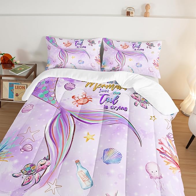 HOSIMA Kids Mermaid Comforter Set with 2 Pillowcases,Watercolor Ocean Life Sea Animal Mermaid Tail Pattern Bedding Set,Light Purpl King Size Comforter Set for Teens Girls Women Bedroom Decor. - LeafyLoom