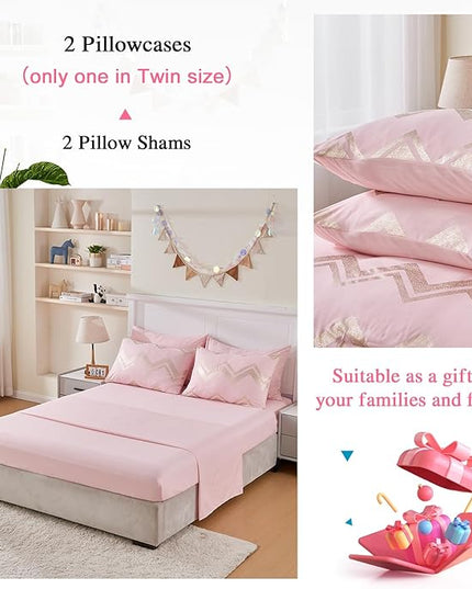 Wowelife 7 Pieces Pink Comforter Set King Size Gold Glitter Kids Bedroom Bedding Set Metallic Bed in a Bag for Girls with Comforter, Flat Sheet, Fitted Sheet 2 Pillow Shams and 2 Pillowcase - LeafyLoom