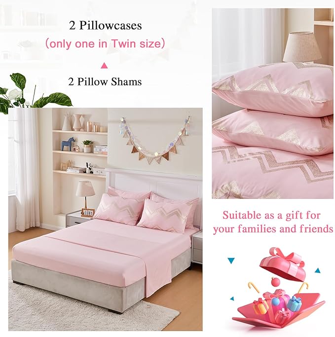 Wowelife 6 Pieces Pink Twin/Twin XL Comforter Set for Girls Kids Twin Bedding Sets Gold Glitter Foil Bed in A Bag with Comforter, Flat Sheet, Fitted Sheet, 2 Pillow Shams and 1 Pillowcase - LeafyLoom
