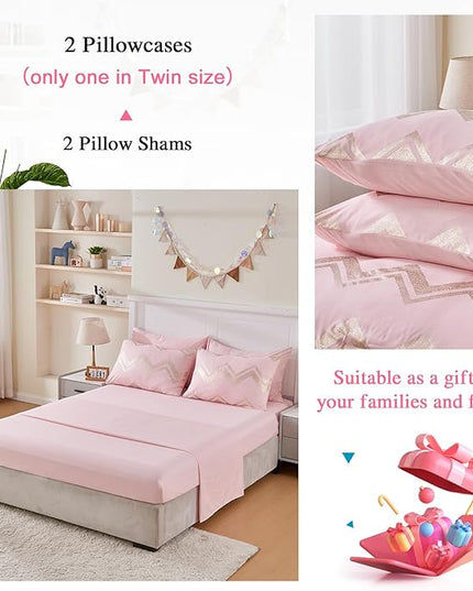Wowelife Girl Bedding Sets Pink Comforter for Queen Size Bed 7 Pieces Gold Glitter Foil Queen Bedding Set Teen Girl Bedding Pink Full Kids Bedroom Beding Sets with 2 Pillow Shams and 2 Pillowcase - LeafyLoom