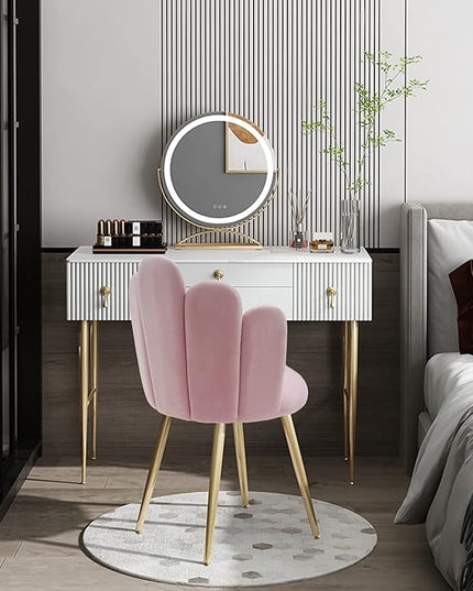 Vanity Chair for Makeup Room - Midcentury Modern Accent Velvet Chair with Back Support, Gold Legs for Living Room Bedroom, (Pink) - LeafyLoom