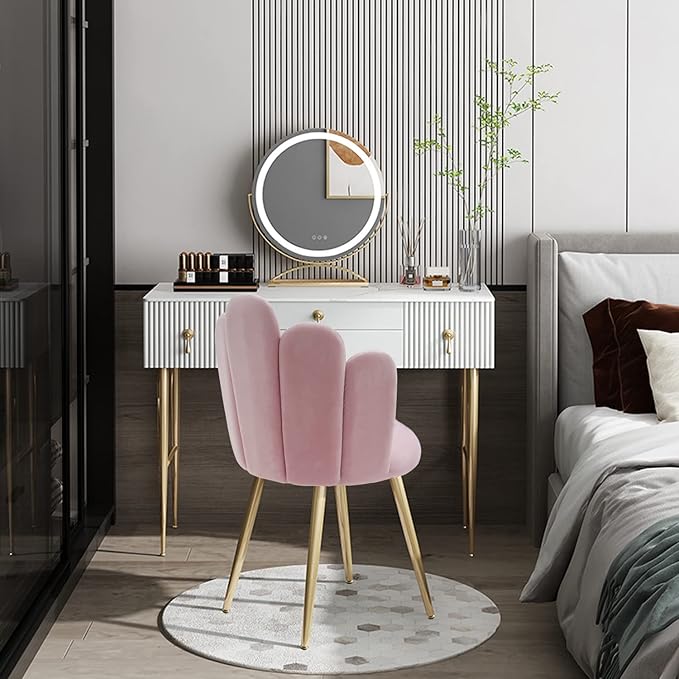 Vanity Chair for Makeup Room - Midcentury Modern Accent Velvet Chair with Back Support, Gold Legs for Living Room Bedroom, (Pink) - LeafyLoom