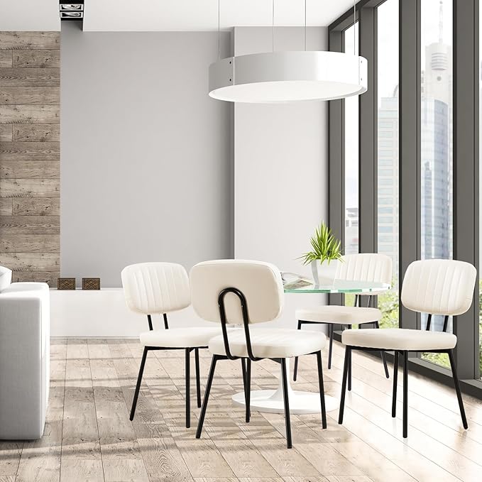 Sweetcrispy Dining Chairs Set of 6, Upholstered Mid Century Modern Kitchen Dining Room Accent Chairs with Faux Leather Cushion Seat & Metal Legs for Kitchen, Living Room - Cream - LeafyLoom