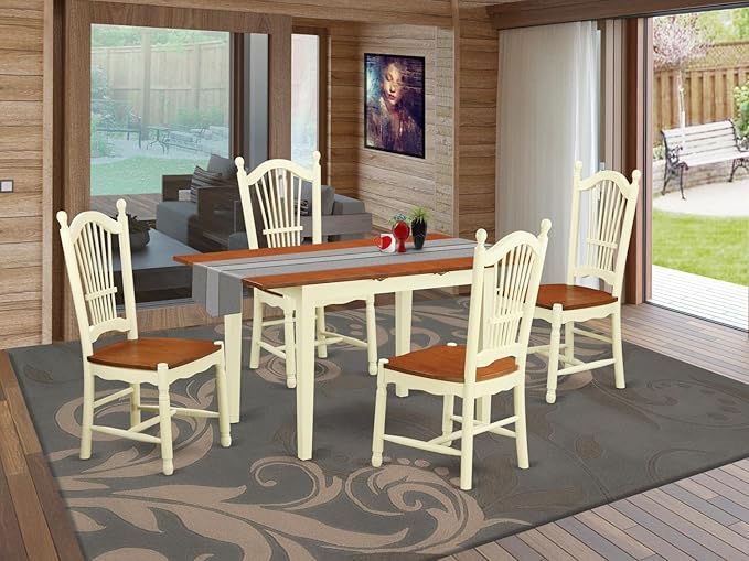 East West Furniture NODO5-WHI-W Norfolk 5 Piece Set Includes a Rectangle Dining Table with Butterfly Leaf and 4 Kitchen Chairs, 32x54 Inch - LeafyLoom