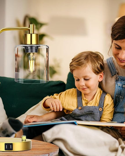 Gold Industrial Table Lamp with 2 USB Charging Ports, Fully Stepless Dimmable Modern Nightstand Lamp, Glass Shade Bedside Desk Lamp for Bedroom Living Room Office, 6W 2700K LED Edison Bulb Included - LeafyLoom