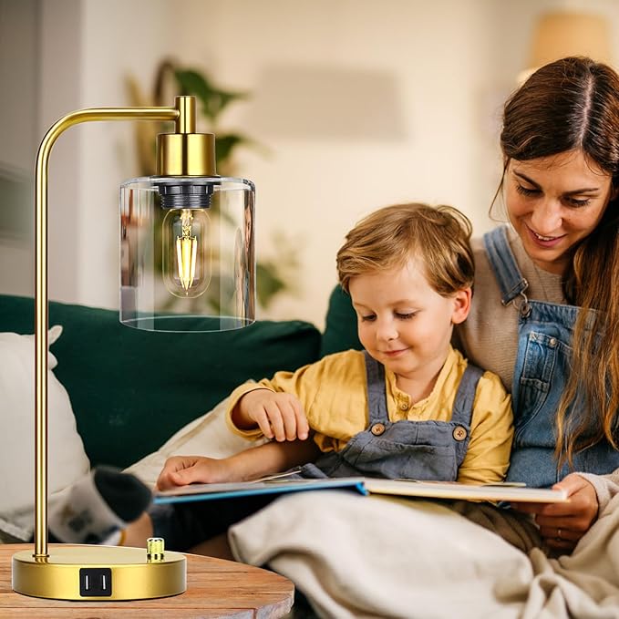 Gold Industrial Table Lamp with 2 USB Charging Ports, Fully Stepless Dimmable Modern Nightstand Lamp, Glass Shade Bedside Desk Lamp for Bedroom Living Room Office, 6W 2700K LED Edison Bulb Included - LeafyLoom