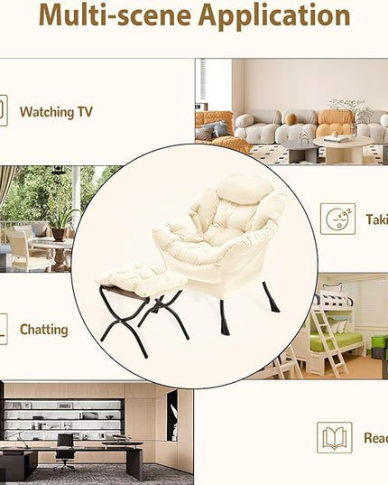 Lazy Chair with Folding Ottoman, Accent Chair Velvet Upholstered with Metal Structure and Non-Slip Pads, Sofa Armchair with Footrest and Side Storage Bag for Dorm, Room, Office, Beige - LeafyLoom