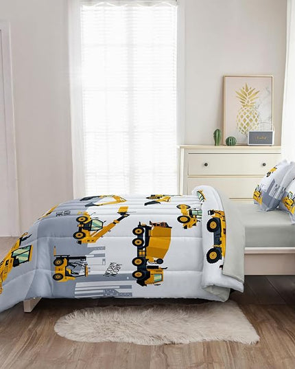 4-Pcs Construction Twin Size Boys Bedding Set, Kids Comforter Set for Teens with Sheets and Pillowcase, Soft Grey Tractor Cars Bed in a Bag Sets - LeafyLoom