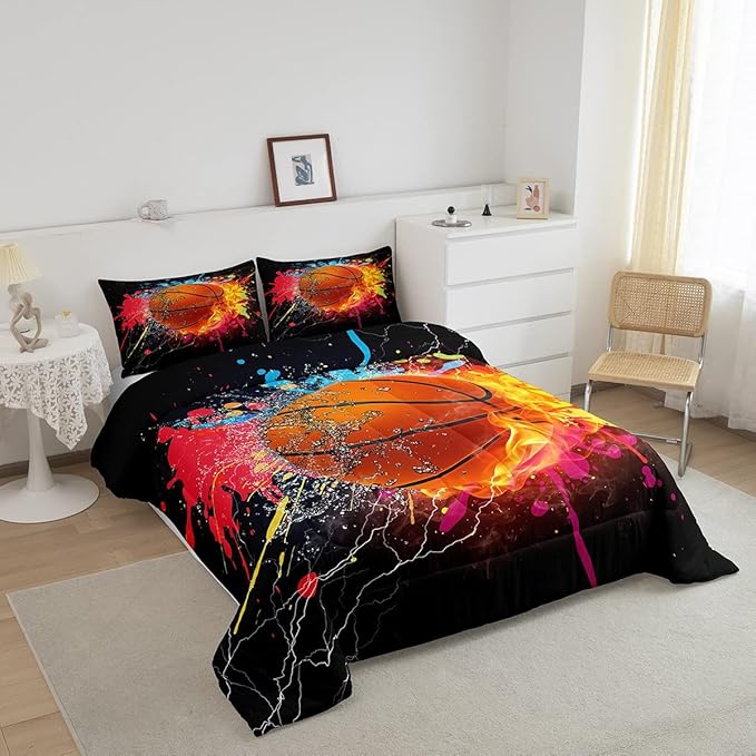Teen Boys Basketball Bedding Set Kids Sports Comforter Sets Full Soft Lightweight Bedroom Dorm Decor,Red Blue Fire And Water Lightning Ball Duvet Insert,Colorful Grunge Tie Dye Quilt Bedding 3 Pcs - LeafyLoom