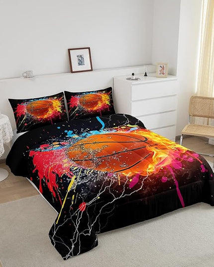 Teen Boys Basketball Bedding Set Twin Kids Sports Comforter Sets Soft Lightweight Bedroom Dorm Decor,Red Blue Fire And Water Lightning Ball Duvet Insert,Colorful Grunge Tie Dye Quilt Bedding 2 Pcs - LeafyLoom