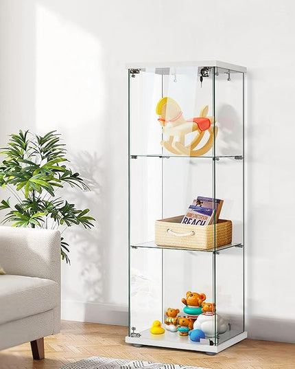 VIVOHOME 3 Layers 15.7''W x 15.7''D x 47.2''H Glass Display Cabinet Countertop Showcase with Lock, 5mm Tempered Glass 25mm MDF Base - LeafyLoom