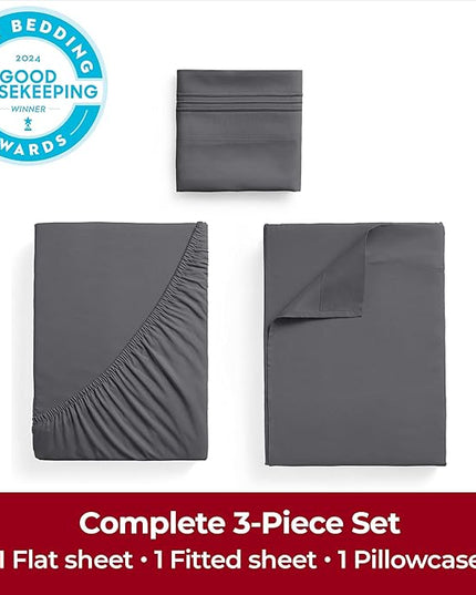 Mellanni Extra Deep Twin Sheets - 3 PC Iconic Collection Bedding Sheets & Pillowcases - Hotel Luxury, Ultra Soft, Cooling Bed Sheets - Extra Deep Pocket up to 21 inch (Twin, Gray) - LeafyLoom