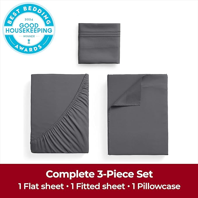 Mellanni Extra Deep Twin Sheets - 3 PC Iconic Collection Bedding Sheets & Pillowcases - Hotel Luxury, Ultra Soft, Cooling Bed Sheets - Extra Deep Pocket up to 21 inch (Twin, Gray) - LeafyLoom