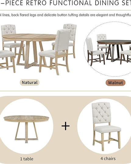 NicBex Small Dining Table Set for 4 Breakfast Nook Table Set 5-Piece Retro Functional Dining Set, Round Table with a 16" W Leaf and 4 Upholstered Chairs for Dining Room, Natural - LeafyLoom