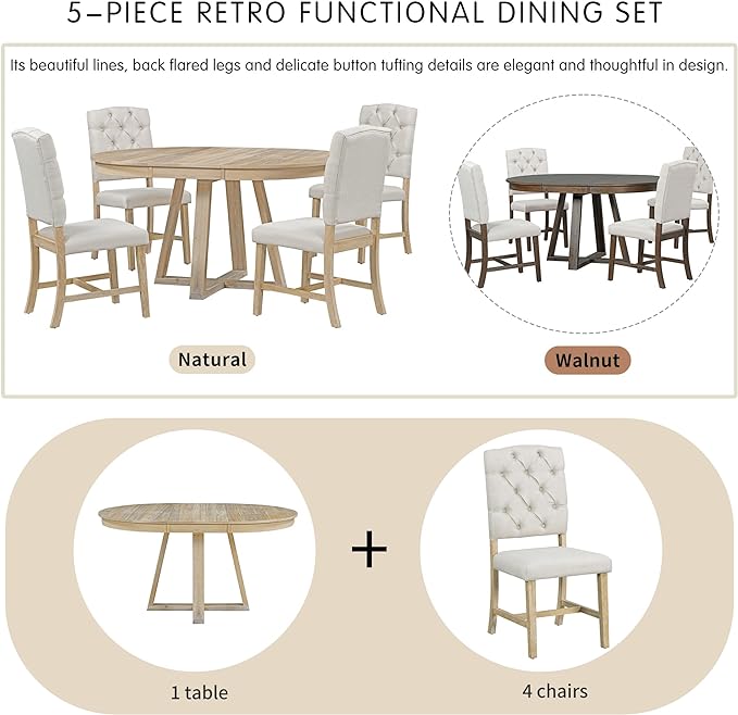 Retro Style 5-Piece Extendable Dining Round Functional Kitchen Table Set with 16" W Leaf and 4 Upholstered Chairs-Ideal for Breakfast Nook or Living Room-Natural - LeafyLoom