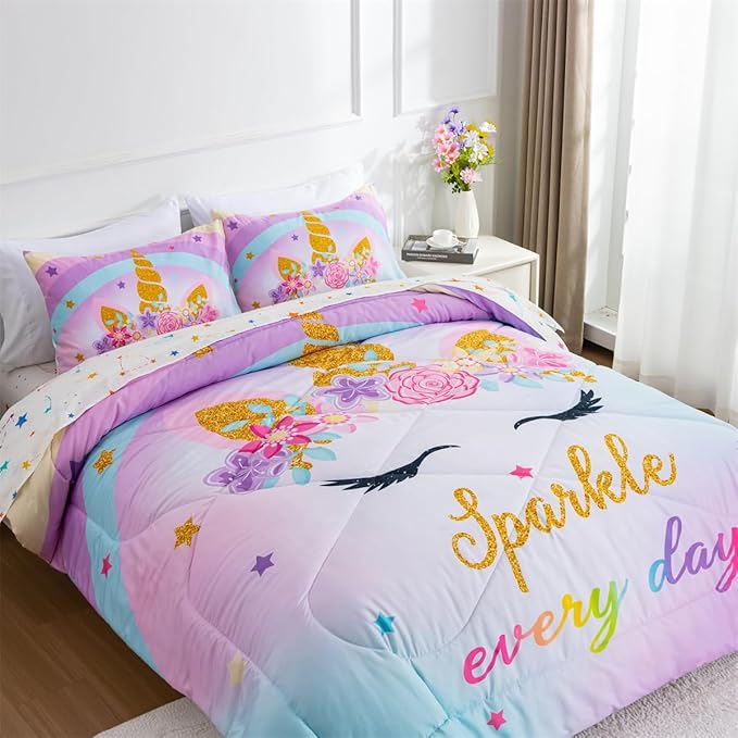 NTBED Unicorn Twin Comforter Set with Sheets,5 Pieces Kids Bedding Sets for Girls, Lightweight Microfiber Star Rainbow Bed in a Bag,Blue Purple - LeafyLoom