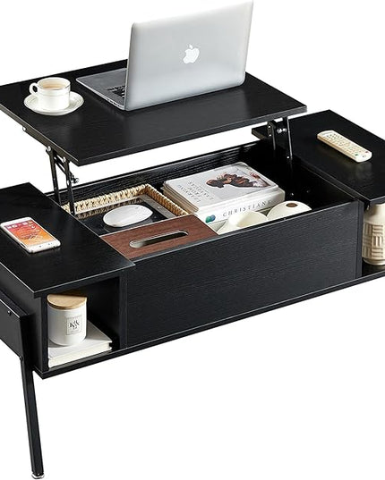 VECELO Wood Lift Top Coffee Table with Hidden Compartment and Storage Shelf for Living Room/Office Reception, Rising Tabletop, Brown, Large, Black - LeafyLoom