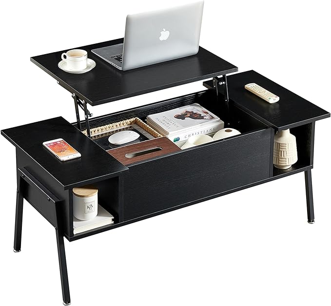 VECELO Wood Lift Top Coffee Table with Hidden Compartment and Storage Shelf for Living Room/Office Reception, Rising Tabletop, Brown, Large, Black - LeafyLoom