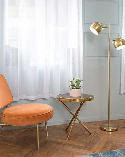 Globe Electric 67515 61" 2-Light Floor, Matte, Adjustable Lamp Heads, in-Line On Off Foot Switch, Miles (Brass) - LeafyLoom