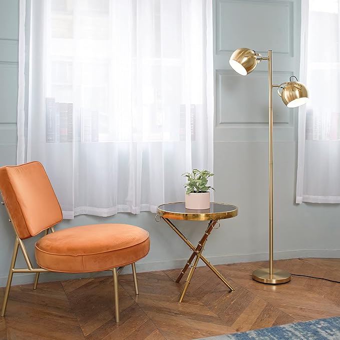Globe Electric 67515 61" 2-Light Floor, Matte, Adjustable Lamp Heads, in-Line On Off Foot Switch, Miles (Brass) - LeafyLoom