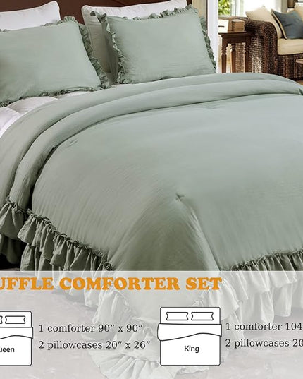 Sage Green Ruffle Comforter Set Queen,Vintage Farmhouse Shabby Ruffled Chic Bedding Comforter,Rustic Aesthetic Bedding 3 Pieces Women Girls Bedroom Vintage Bed Comforter - LeafyLoom