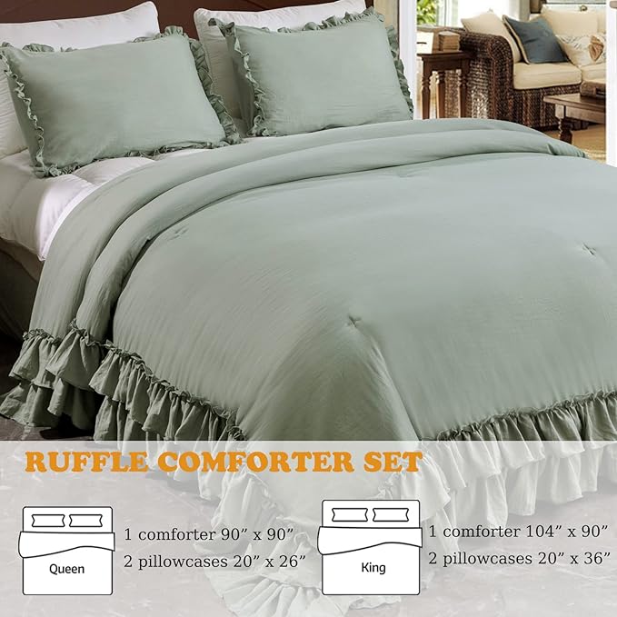 Sage Green Ruffled Comforter King Size,Farmhouse Shabby Ruffle Rustic Aesthetic Sage Green Bedding Extra Soft 3PCS (1 Ruffle Comforter and 2 Pillowcases) - LeafyLoom