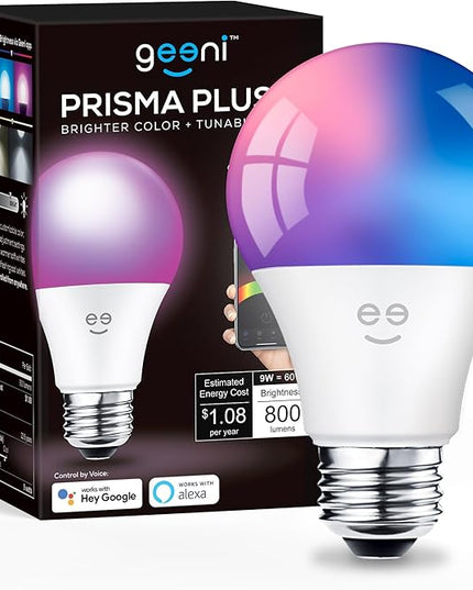 Geeni Prisma Plus 800 WiFi LED Smart Light Bulb, Brighter Color & Tunable White (2700-6500K), 1-Pack, A19 60W, No Hub Required, Light Bulb Works with Amazon Alexa, Google Home Geeni