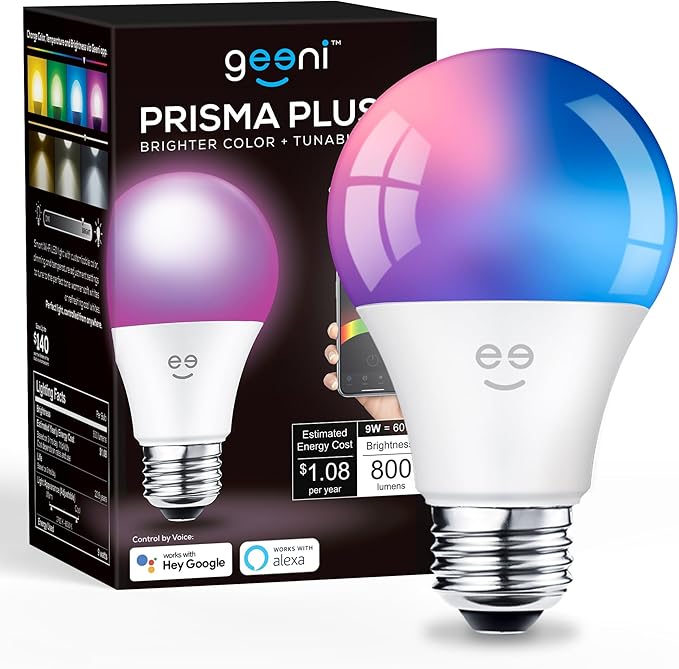 Geeni Prisma Plus 800 WiFi LED Smart Light Bulb, Brighter Color & Tunable White (2700-6500K), 1-Pack, A19 60W, No Hub Required, Light Bulb Works with Amazon Alexa, Google Home Geeni