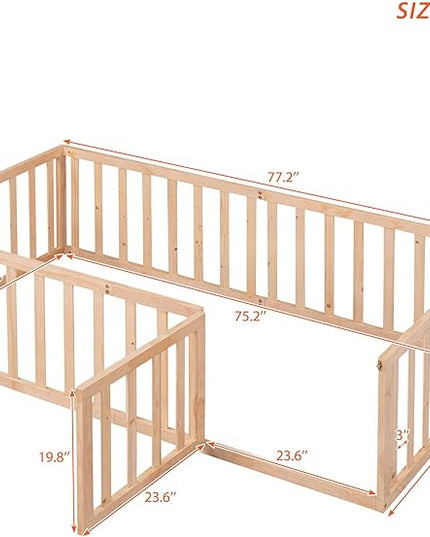 Multifunctional Twin Size Floor Bed with Safety Guardrails and Door, Montessori Sturdy Solid Wood Beds Frame, Easy Assembly and No Spring Need, for Boys and Girls Room, Natural - LeafyLoom