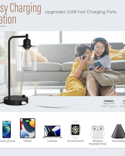 Yarra-Decor Industrial Bedside Table Lamp Set of 2 Fully Dimmable Lamps for Bedroom Modern USB Nightstand Lamp Set with Glass Shade Reading Table Lamps for Dorm, Office (LED Bulb Included) - LeafyLoom