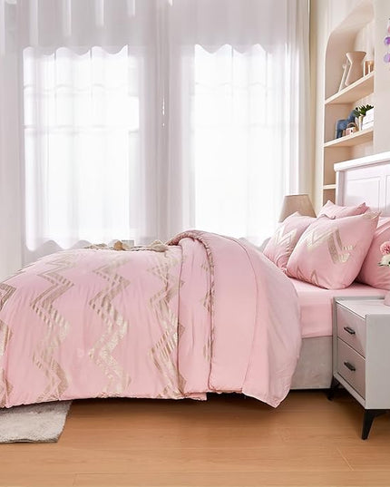 Wowelife 6 Pieces Pink Twin/Twin XL Comforter Set for Girls Kids Twin Bedding Sets Gold Glitter Foil Bed in A Bag with Comforter, Flat Sheet, Fitted Sheet, 2 Pillow Shams and 1 Pillowcase - LeafyLoom