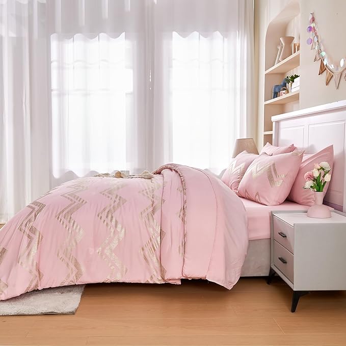 Wowelife 6 Pieces Pink Twin/Twin XL Comforter Set for Girls Kids Twin Bedding Sets Gold Glitter Foil Bed in A Bag with Comforter, Flat Sheet, Fitted Sheet, 2 Pillow Shams and 1 Pillowcase - LeafyLoom