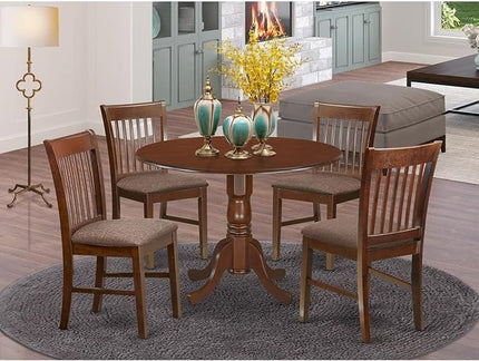 East West Furniture Dublin 5 Piece Room Furniture Set Includes a Round Kitchen Table with Dropleaf and 4 Linen Fabric Upholstered Dining Chairs, 42x42 Inch, DLNO5-MAH-C - LeafyLoom
