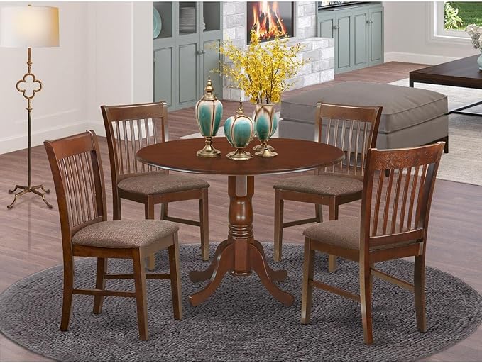 East West Furniture Dublin 5 Piece Room Furniture Set Includes a Round Kitchen Table with Dropleaf and 4 Linen Fabric Upholstered Dining Chairs, 42x42 Inch, DLNO5-MAH-C - LeafyLoom