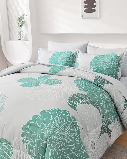 Yiran Grey Aqua Floral Queen Comforter Set Bed in a Bag Soft Microfiber Comforter Bedding Set 90"×90",7 Pieces (1 Comforter,2 Pillowcases,2 Pillow Shams,1 Flat Sheet,1 Fitted Sheet) - LeafyLoom