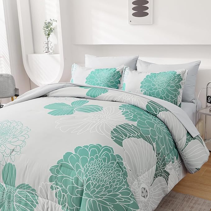 Yiran Grey Aqua Floral Queen Comforter Set Bed in a Bag Soft Microfiber Comforter Bedding Set 90"×90",7 Pieces (1 Comforter,2 Pillowcases,2 Pillow Shams,1 Flat Sheet,1 Fitted Sheet) - LeafyLoom