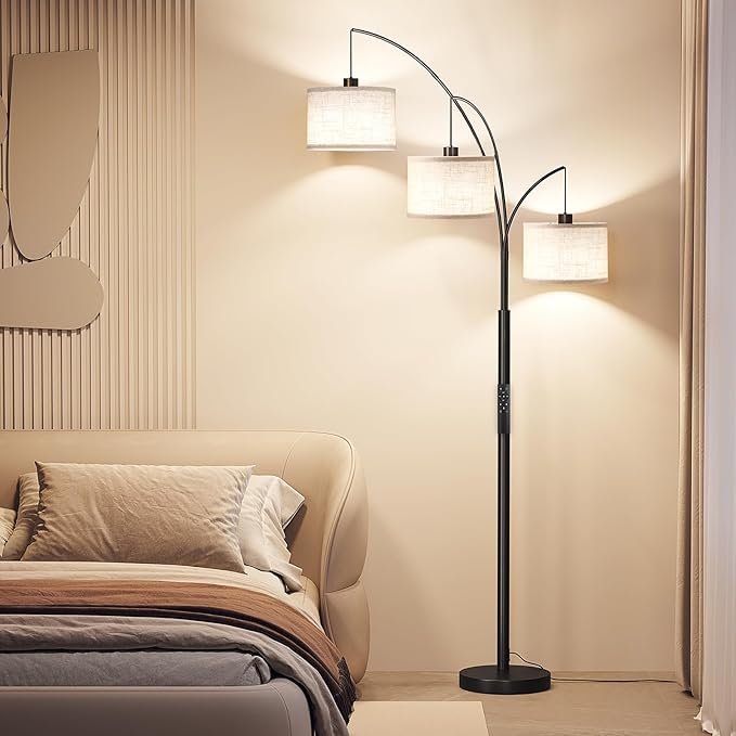 SUNMORY 3 Lights Floor Lamp with Remote Control and 3 Stepless Dimmable Bulbs, 78" Tall Standing Lamp with Hanging Drum Shade & Heavy Base, Modern Arc Floor Lamps for Living Room, Bedroom, Office - LeafyLoom
