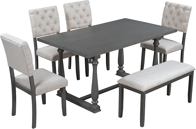 6-Piece Dinette Sets includes Kitchen Dining Table, 4 Chairs & Bench with Foam-covered Seat Backs & Cushions, for Diningroom Living Room, Easy to Assemble, Gray 4 - LeafyLoom