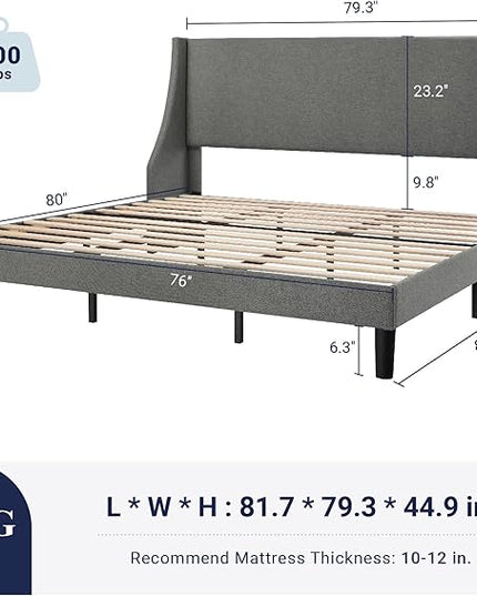 Allewie King Size Bed Frame, Platform Bed Frame with Upholstered Headboard, Modern Deluxe Wingback, Wood Slat Support, Mattress Foundation, Light Grey - LeafyLoom