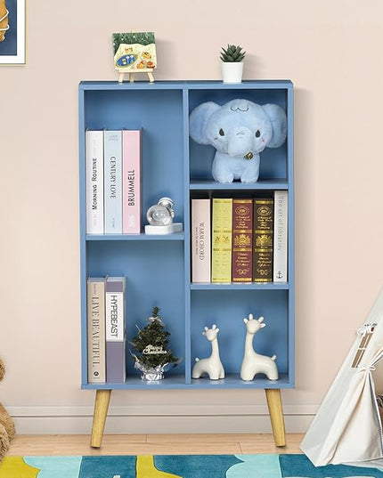 YAHARBO 5 Cube Bookshelf, Blue Kids Book Shelf with Cubby Storage,Wooden Modern Bookcase with Legs,3 Tier Freestanding Display Book Case,Children Toy Organizer,Bookshelves for Office,Nursery,Playroom - LeafyLoom