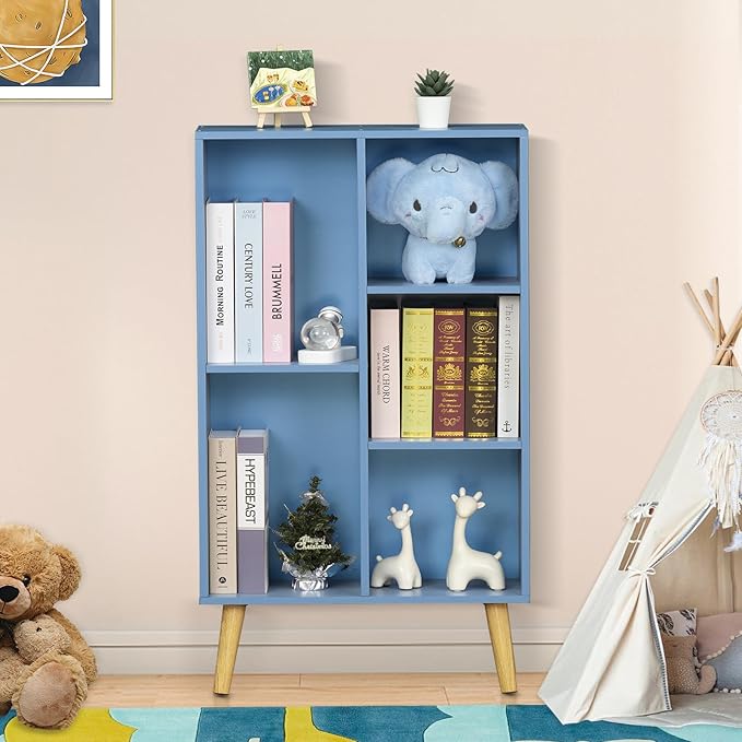 YAHARBO 5 Cube Bookshelf, Blue Kids Book Shelf with Cubby Storage,Wooden Modern Bookcase with Legs,3 Tier Freestanding Display Book Case,Children Toy Organizer,Bookshelves for Office,Nursery,Playroom - LeafyLoom