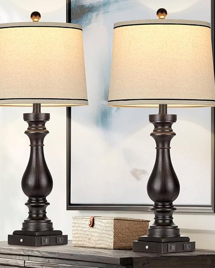 29" Tall Table Lamp for living room set of 2,Farmhouse Vintage Bedside Nightstand Lamps with USB C+A Ports & AC Outlet,3-Way Dimmable Touch Control Retro Black Lamp for Bedroom,color 5 - LeafyLoom