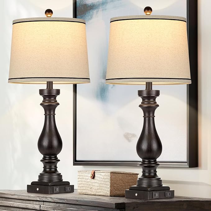 29" Tall Table Lamp for living room set of 2,Farmhouse Vintage Bedside Nightstand Lamps with USB C+A Ports & AC Outlet,3-Way Dimmable Touch Control Retro Black Lamp for Bedroom,color 5 - LeafyLoom