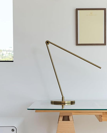 Brightech Libra LED Table Lamp - Contemporary Minimalist Thin Compact Desk Lamp - Adjustable Pivoting LED Head with Built-in Dimmer and Color Changing LED - Brass - LeafyLoom