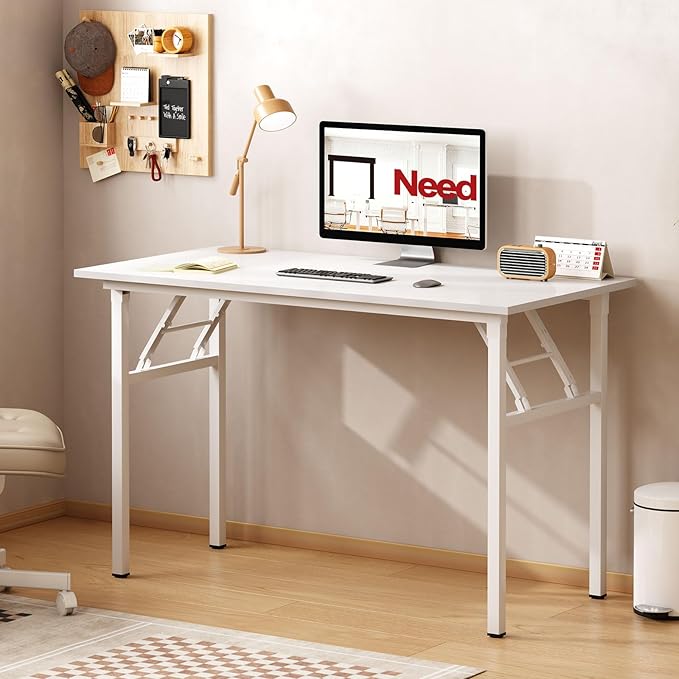 Need Folding Desk for Home Office 39-3/8" Length Modern Folding Table Computer Desk No Install Needed White Color Desktop White Frame AC5DW(100 * 60) - LeafyLoom