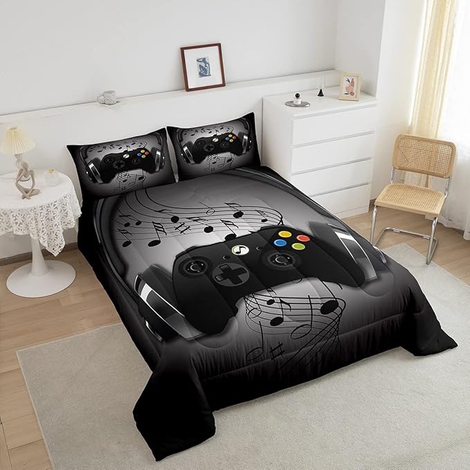 Gamer Comforter Set Queen Size,Black Grey Headphones Musical Design Games Gamepad Bedding Set for Kids Boys Video Game Room Decor Retro Playing Gamer Down Comforter Gaming Controller Quilted Duvet Set - LeafyLoom